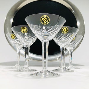 Hoya Crystal Martini Diagonal Cut Glasses, Mid-Century Crystal V-Shape Liquor Cocktail Glasses, 4 Inch, 2 oz., Set of 6, Japan, 1960s image 1