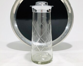 Cut Crystal Criss Cross Wide Lip Chrome Top Cocktail Shaker, Vintage Mid-Century Etched Glass Cocktail Shaker, 10 1/2 Inch, 1950s