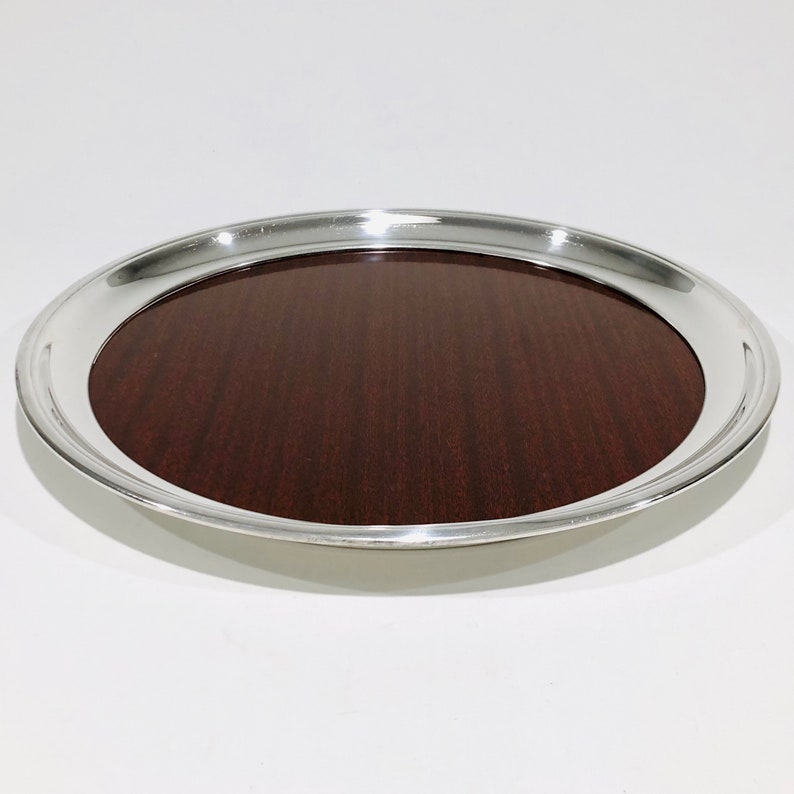 14 Inch Vintage Silver Edge Formica Bar Tray Vintage Mid-Century Crescent Silver-plate Edge Large Round Woodgrain Formica Serving Tray