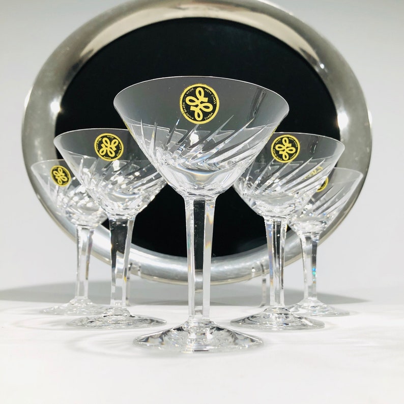 Hoya Crystal Martini Diagonal Cut Glasses, Mid-Century Crystal V-Shape Liquor Cocktail Glasses, 4 Inch, 2 oz., Set of 6, Japan, 1960s image 1