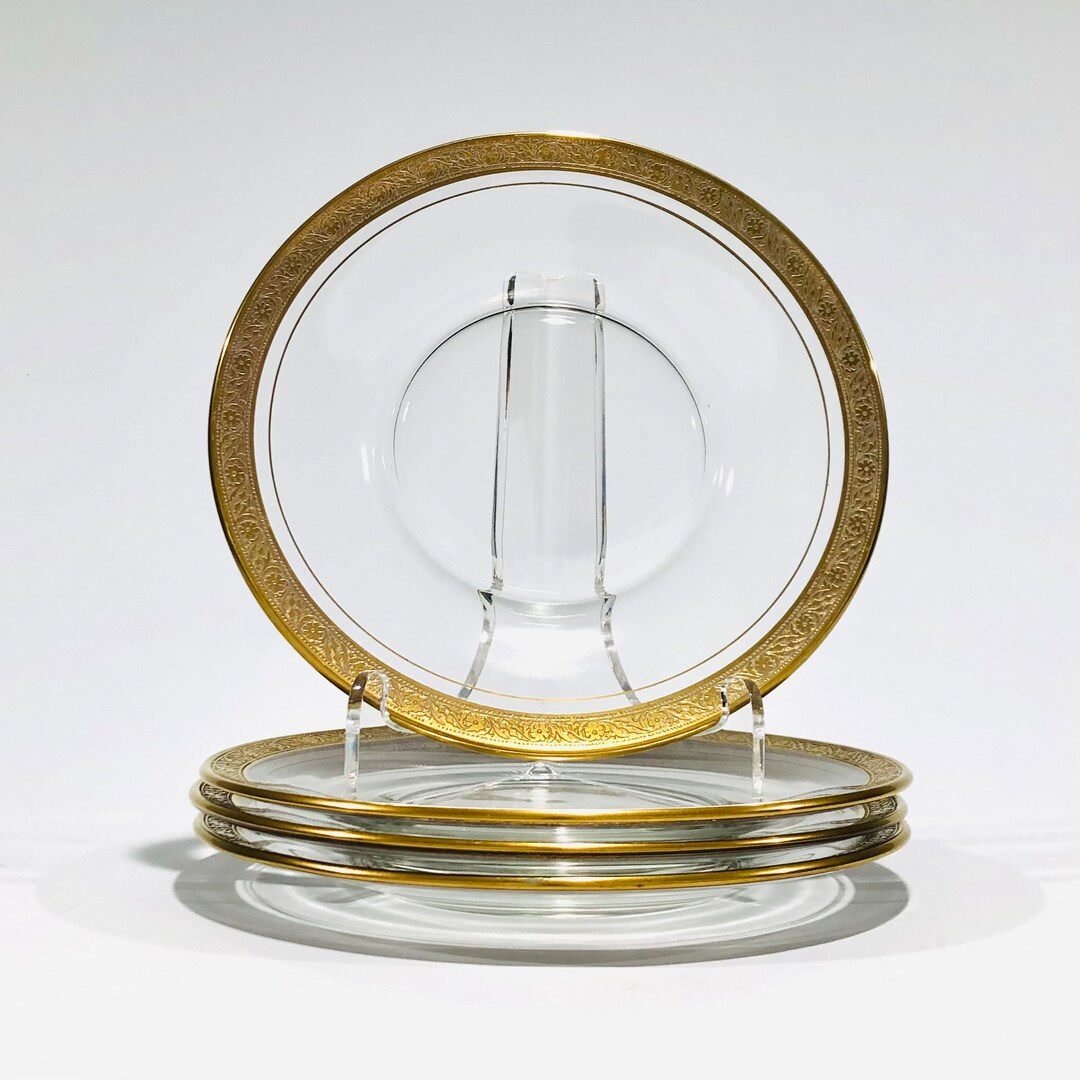 Vintage 24K Gold Encrusted Glass Luncheon Plates, Minton 1125 by