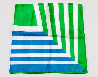 Vera Neumann Green & Blue Bold Stripe Trapezoid Scarf, Vintage Mid-Century Geometric Scarf, Signed Vera, Japan, 23 Inch