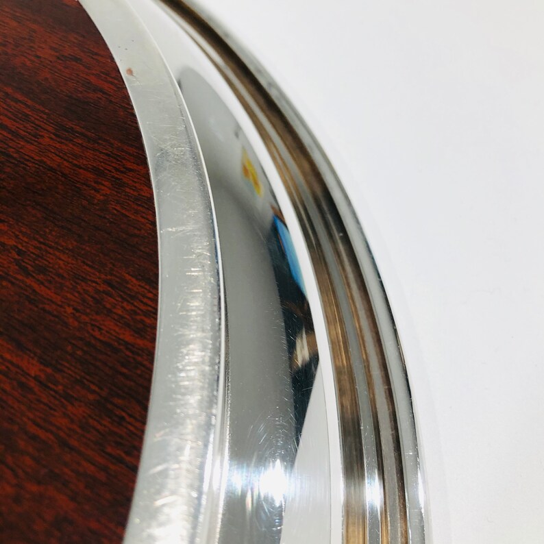14 Inch Vintage Silver Edge Formica Bar Tray Vintage Mid-Century Crescent Silver-plate Edge Large Round Woodgrain Formica Serving Tray