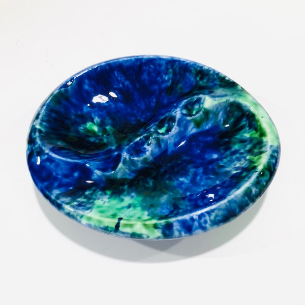 Stangl Ceramic Cobalt Blue & Green Drip Glaze Oval Ashtray #3942, Vintage Mid-Century Ashtray, 8 1/2 Inch, 1950s