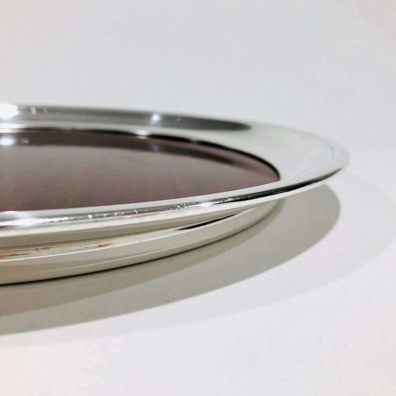 14 Inch Vintage Silver Edge Formica Bar Tray Vintage Mid-Century Crescent Silver-plate Edge Large Round Woodgrain Formica Serving Tray