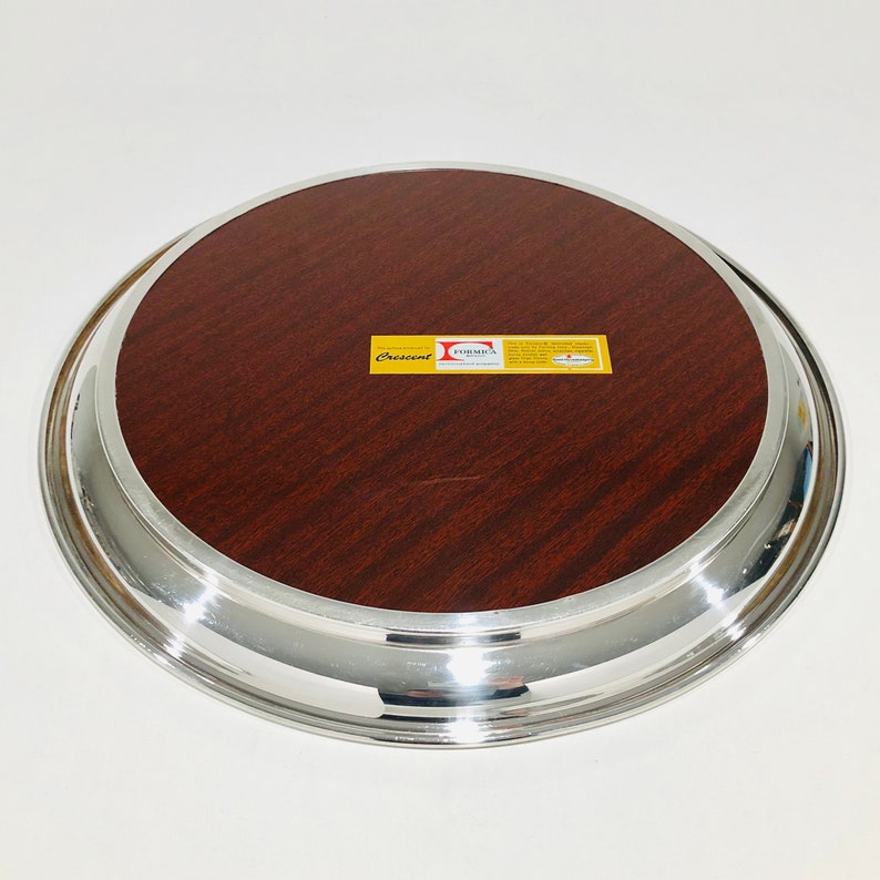 14 Inch Vintage Silver Edge Formica Bar Tray Vintage Mid-Century Crescent Silver-plate Edge Large Round Woodgrain Formica Serving Tray
