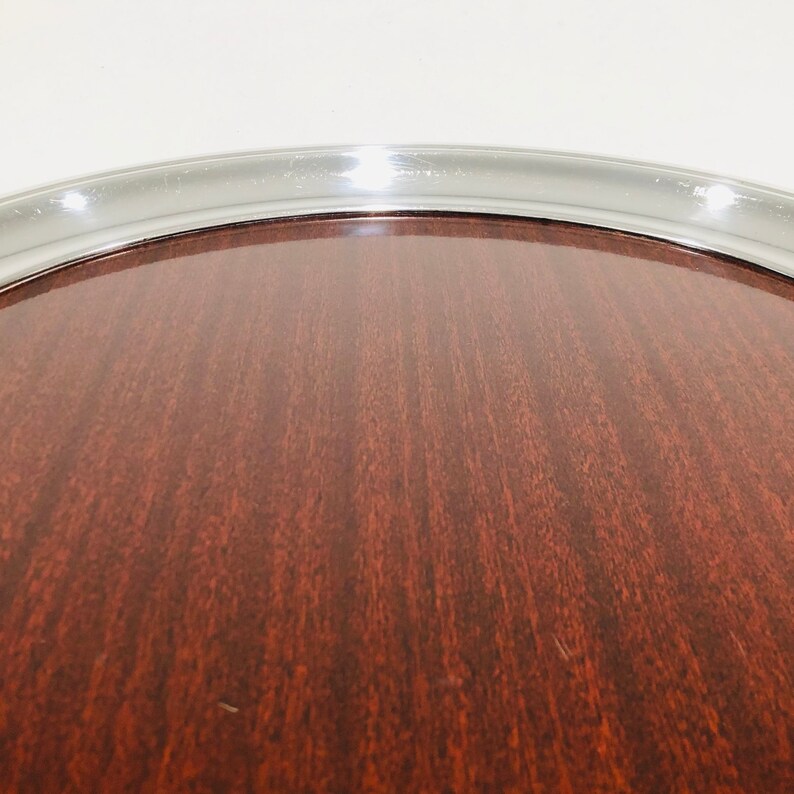 14 Inch Vintage Silver Edge Formica Bar Tray Vintage Mid-Century Crescent Silver-plate Edge Large Round Woodgrain Formica Serving Tray