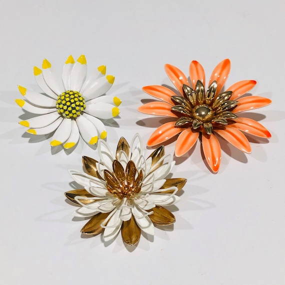 1960s Enamel Mod Flower Pins, Set of 3, Sarah Cove