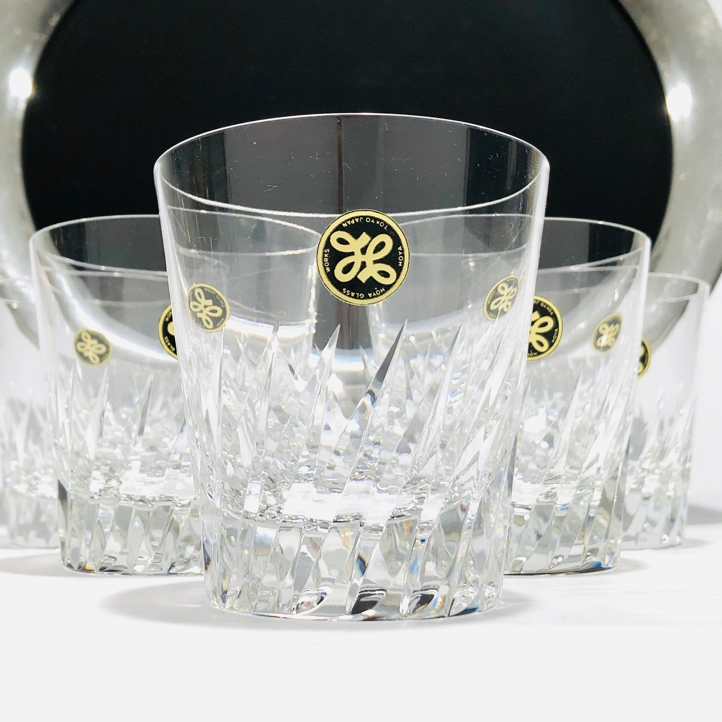 Hoya Crystal Rocks Diagonal Cut Glasses, Mid-century Flared Hoya Crystal Rocks Diagonal Cut Glasses, Mid-century Flared