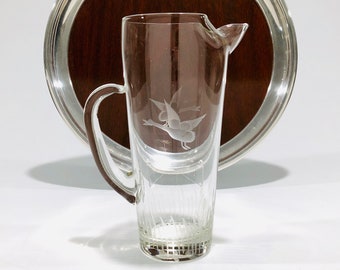 Vintage Etched Ducks & Reeds Glass Cocktail Pitcher, Vintage Mid-Century Cut Glass Martini Pitcher, 1950s