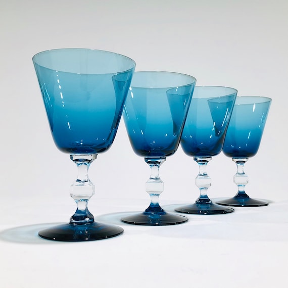 Bryce Cerulean Blue Clear Square Stem Wine Goblets, Vintage Mid