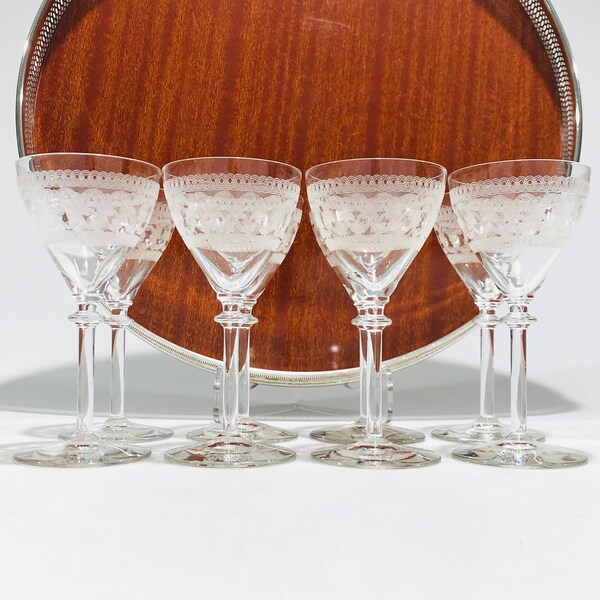 1920s Needle Etched Liquor Cocktail Glasses, Vintage Etched Sherry Cocktail Glasses, 3 oz, Set of 8
