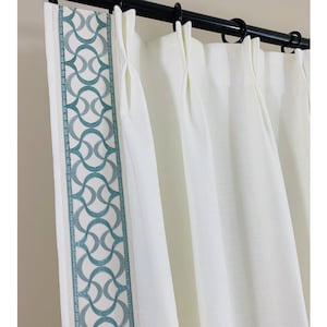 Curtains with Decorative Trims, Custom Draperies with Border Trim, White drapes with trim, Made to Fit, Many Colors / Trims to Choose From.