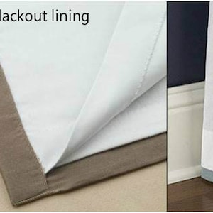 May include: Close-up of a curtain with a blackout lining. The lining is a light brown color and the curtain is a light blue color. The text "Blackout lining" is visible in the image.