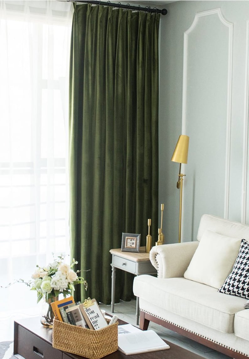 Pair of Olive Green Velvet Curtains Bedroom Velvet Curtains Etsy