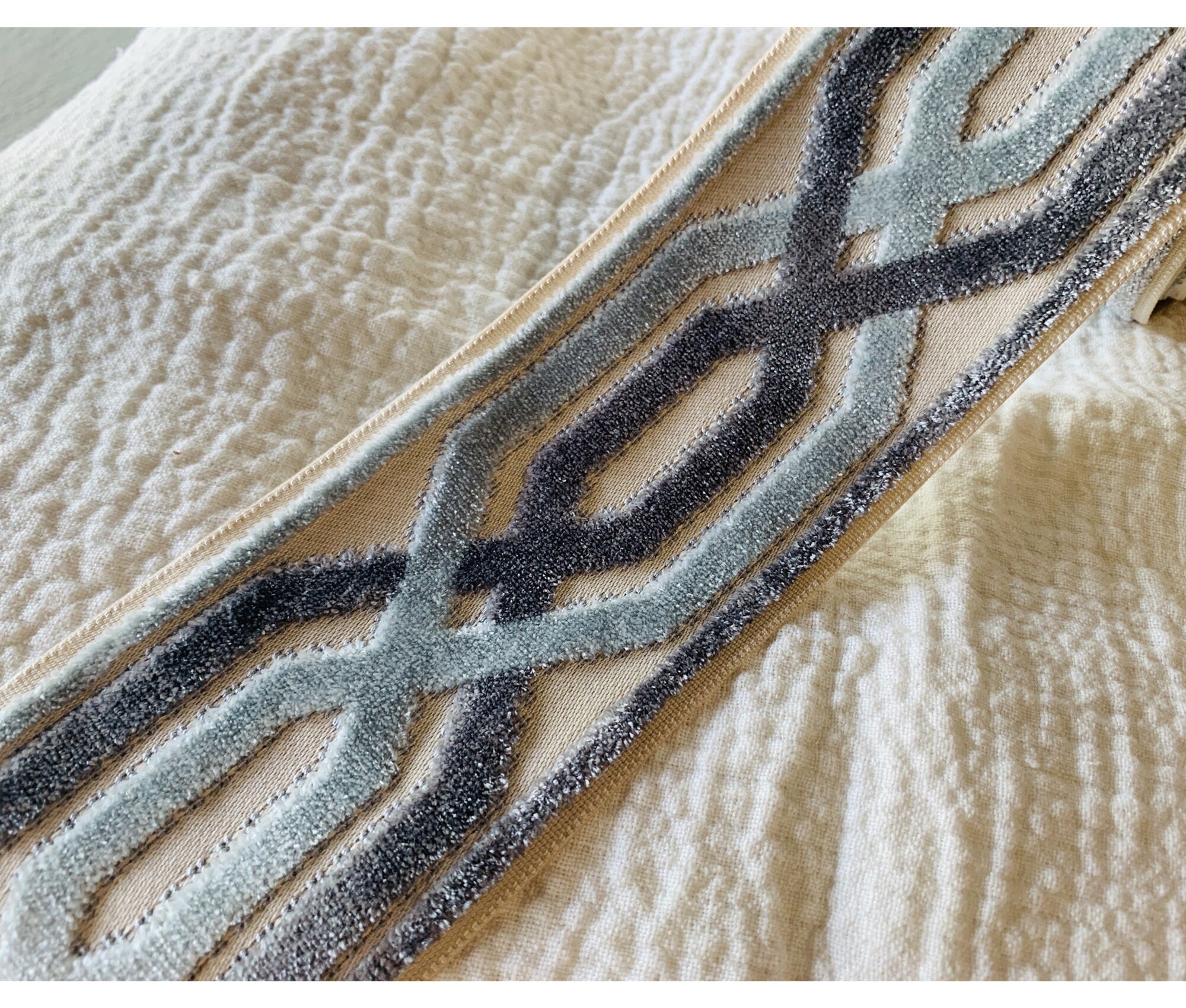 Blue Velvet Trim With Beige Squares - 3.5 Inches Wide, Sold By The Yard For Curtains & Crafts