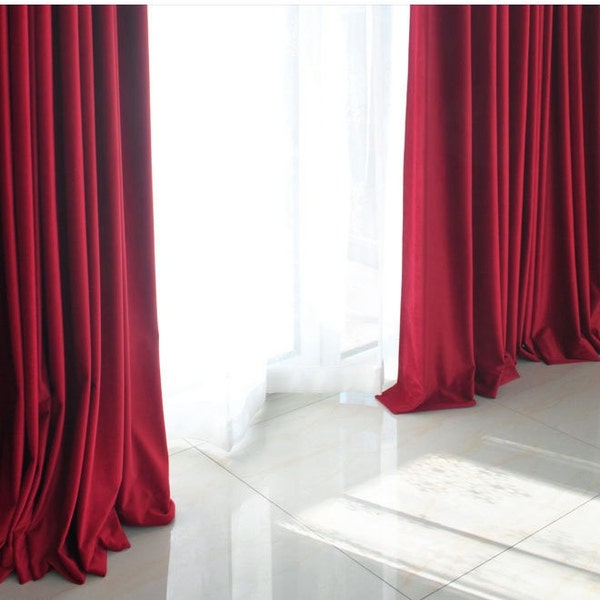 Pair of Red Velvet Curtains, Bedroom Velvet Curtains, Living Room Velvet Curtains, Custom Curtains