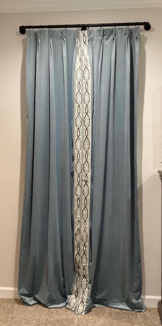 Blue Velvet Trim With Beige Squares - 3.5 Inches Wide, Sold By The Yard For Curtains & Crafts