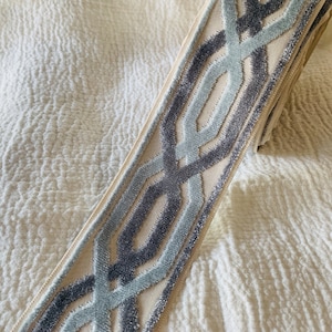 Woven  Fabric Trim with Raised Velvet 3.5" wide, Muted Blue and Slate Trim, Greek Key Border Trims, Ready to Ship