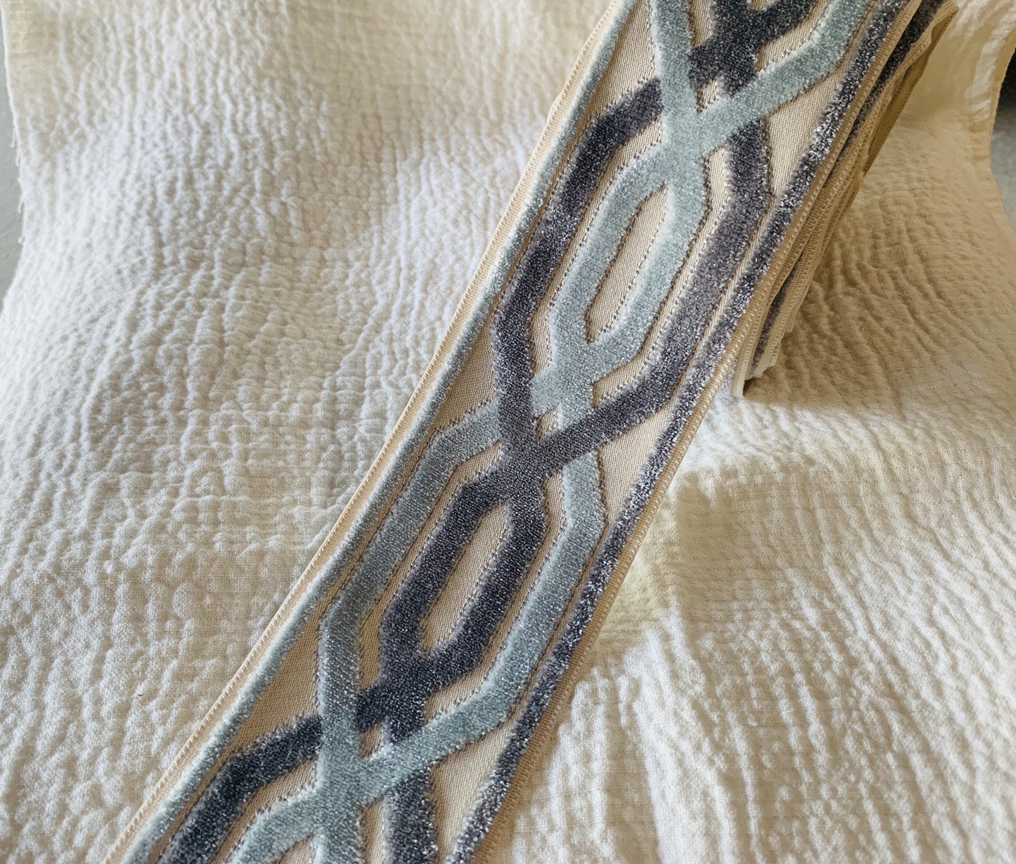 Woven  Fabric Trim with Raised Velvet 3.5" wide, Muted Blue and Slate Trim, Greek Key Border Trims, Ready to Ship