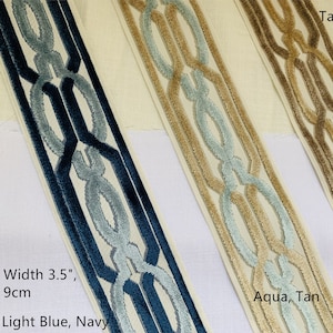 Woven  Fabric Trim with Raised Velvet 3.5" wide, Blue, Navy, Tan, Aqua, Ready to Ship, 027