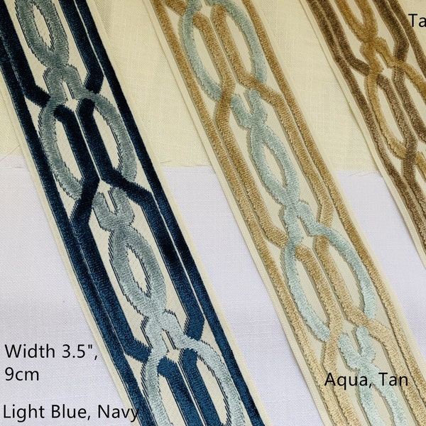 Woven  Fabric Trim with Raised Velvet 3.5" wide, Blue, Navy, Tan, Aqua, Ready to Ship, 027