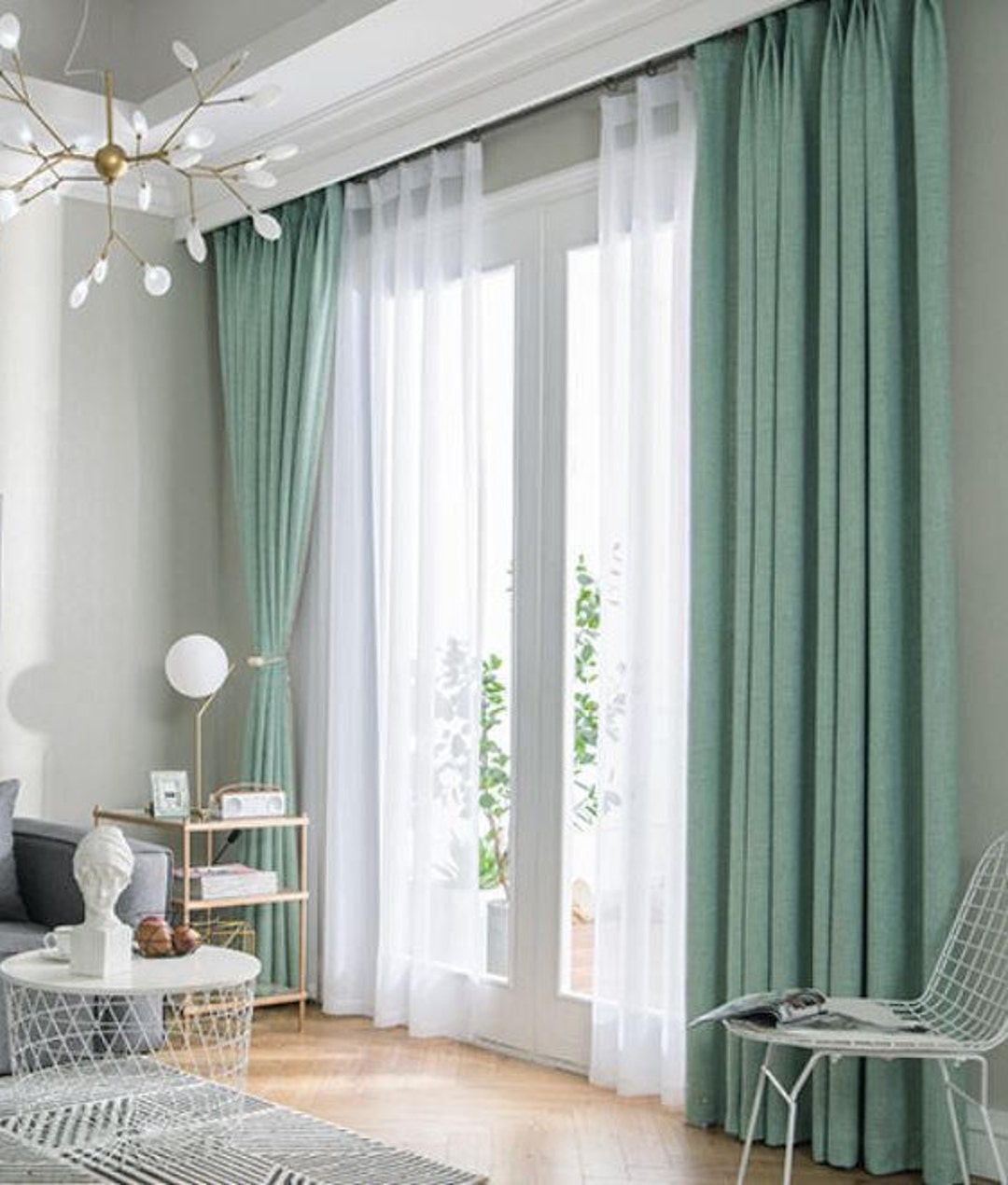 Par de cortinas verdes frescas, cortina pesada, tela de mezcla de lino,  cortinas hechas a medida -  México