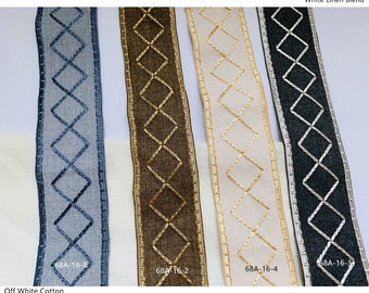 May include: Four samples of fabric trim with a diamond pattern. The trims are in off-white cotton, brown linen blend, white linen blend, and black linen blend. The trim labels are 68A-16-8, 68A-16-2, 68A-16-4, and 68A-16-30.