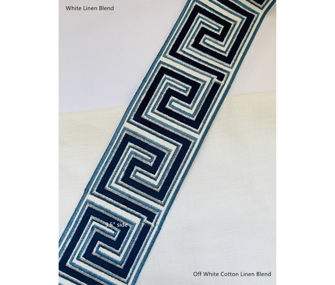 Navy Blue Fabric Trim With Embroidery Thread, Greek Key Trim,