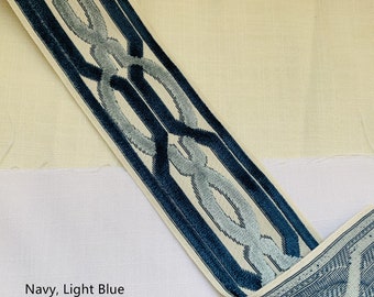 Woven  Fabric Trim with Raised Velvet 3.5&quot; wide, Blue, Navy, Tan, Aqua, Ready to Ship, 027