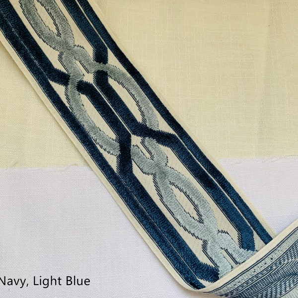 Ribete de tela tejida con terciopelo en relieve de 8,9 cm de ancho, en azul, azul marino, tostado y aguamarina. Listo para enviar, 027