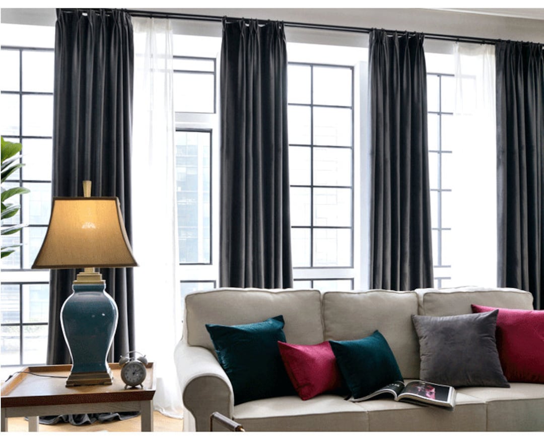 Pair of Charcoal Grey Velvet Curtains, Bedroom Velvet Curtains, Living