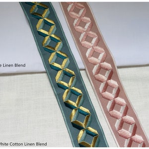 Diamond Shape Embodiary Fabric Trim, Pink, Peacock Blue, sew on trim, 3 &quot; or 8cm wide.