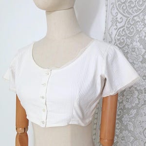 Antique 1900s 1910s French Edwardian White Cotton Mix Cropped Blouse Short Sleeve Top Undergarment