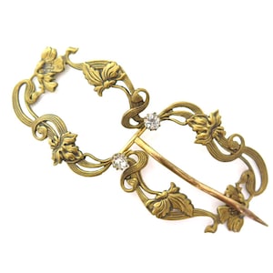 Antique 1900s 1910s Art Nouveau French Edwardian Brass Diamante Dress Buckle Clasp