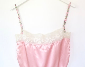 Vintage 1930s Pink Silky Satin Lace Floral Hand Crocheted Lace Camisole Sleeveless Top Blouse