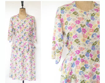 Original Vintage 1930s 1940s Pastel Floral Silk Peplum Tea Dress