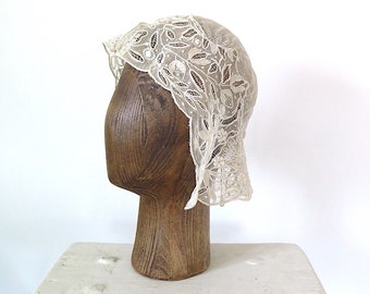 Antique 1890s 1900s Victorian Edwardian Handmade Cream Lace Embroidered Netting Hat Cap Bonnet Nightwear Lingerie