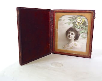 Vintage Antique Edwardian Victorian 1900s 1910s Hand Tinted CDV Photo Leather Case Frame