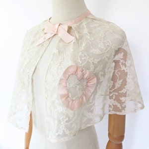 Antique 1910s Edwardian Early 1920s Deco Tambour Tulle Cream Lace Blush Pink Heart Ribbon Boudoir Capelet Cape Blouse Lingerie Bed Jacket