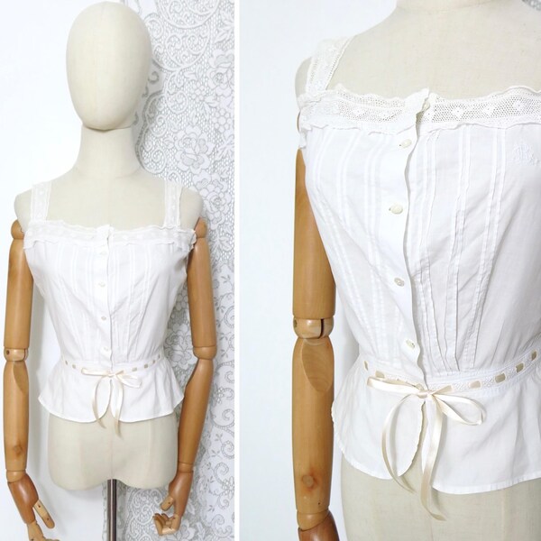 Camisola de algodón blanca con monograma francés victoriano eduardiano de los años 1900 y 1910, cubierta de corsé, blusa sin mangas