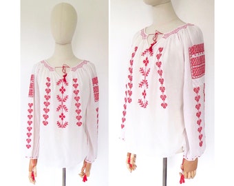 Vintage 1970s White Cotton Hand Embroidered Red Eastern European Peasant Top Blouse
