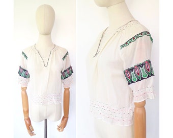 Vintage 1930s 1940s Eastern European Off-White Hand Embroidered Green Red Black Semi-Sheer Cotton Peasant Blouse