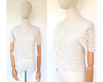 Vintage 1980s 1990s Cream Satin Crocheted Lace Short Sleeve Blouse Cardigan Top