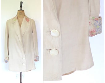 Antique Vintage 1920s Deco Flapper Beige Raw Silk Pongee Silk Duster Coat Jacket