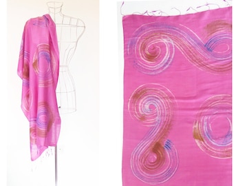 Vintage 1930s 1940s Pink Blue Swirl Pattern Silk Shawl Fringed Scarf