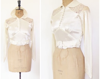 Original Vintage 1930s Ivory Liquid Satin Belt Detailed Reworked Wedding Blouse Jacket