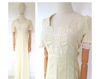 Vintage 1970s Pale Yellow Cream Lace Prairie Wedding Maxi Bridal Festival Dress