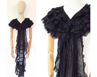 Antique Victorian 1890s 1900s French Black Silk Chiffon Ruffled Collar Shawl
