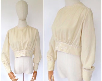 Vintage Antique Edwardian Cream Embroidered Wool Bodice Lawn Day Top Blouse